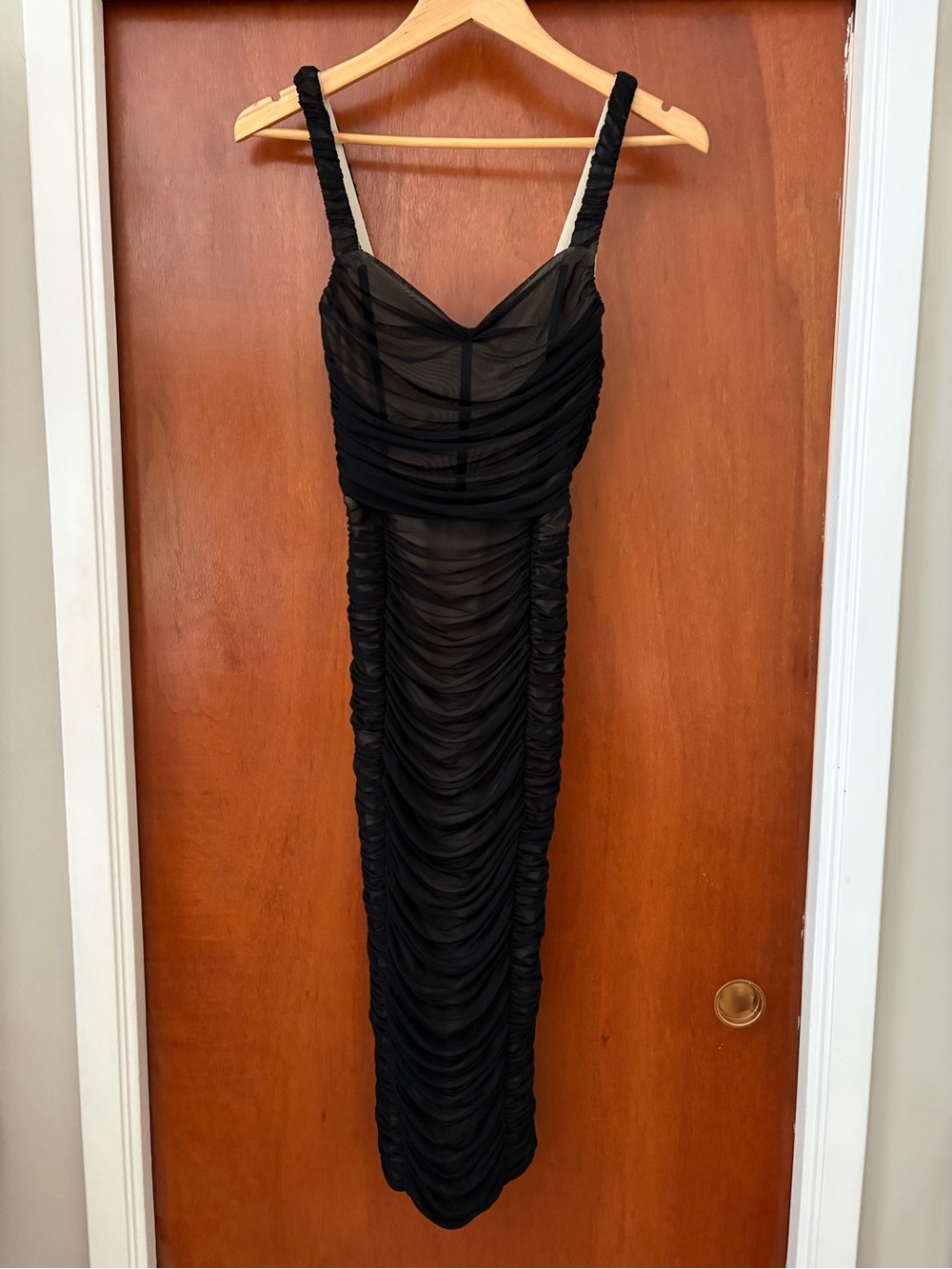 Lulu's Black Ruched Mesh Maxi Dress
